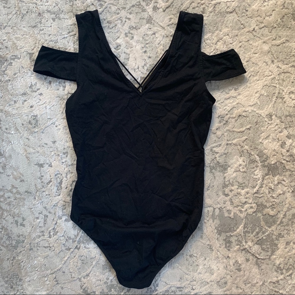 Black bodysuit with cross cross neckline